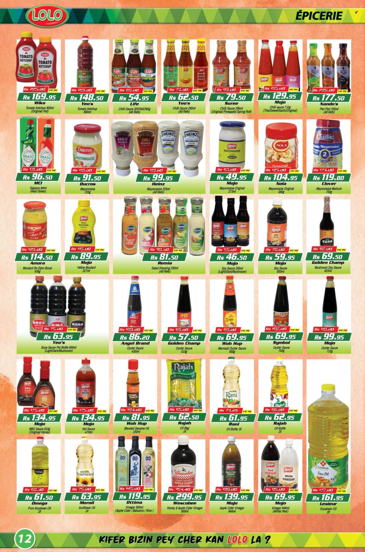 thumbnail - LOLO Hyper Catalogue - 27.04.2024 - 15.05.2024 - Sales products - jalapeño, pineapple, Clover, mayonnaise, Thousand Island dressing, tabasco, BBQ sauce, french dressing, mustard, salad dressing, soy sauce, hot sauce, ketchup, oyster sauce, chilli sauce, dressing, sweet chilli sauce, garlic sauce, apple cider vinegar, rice vinegar, sesame oil, soya oil, sunflower oil, vegetable oil, vinegar, honey, bag, Wiko, Heinz, sauce. Page 12.