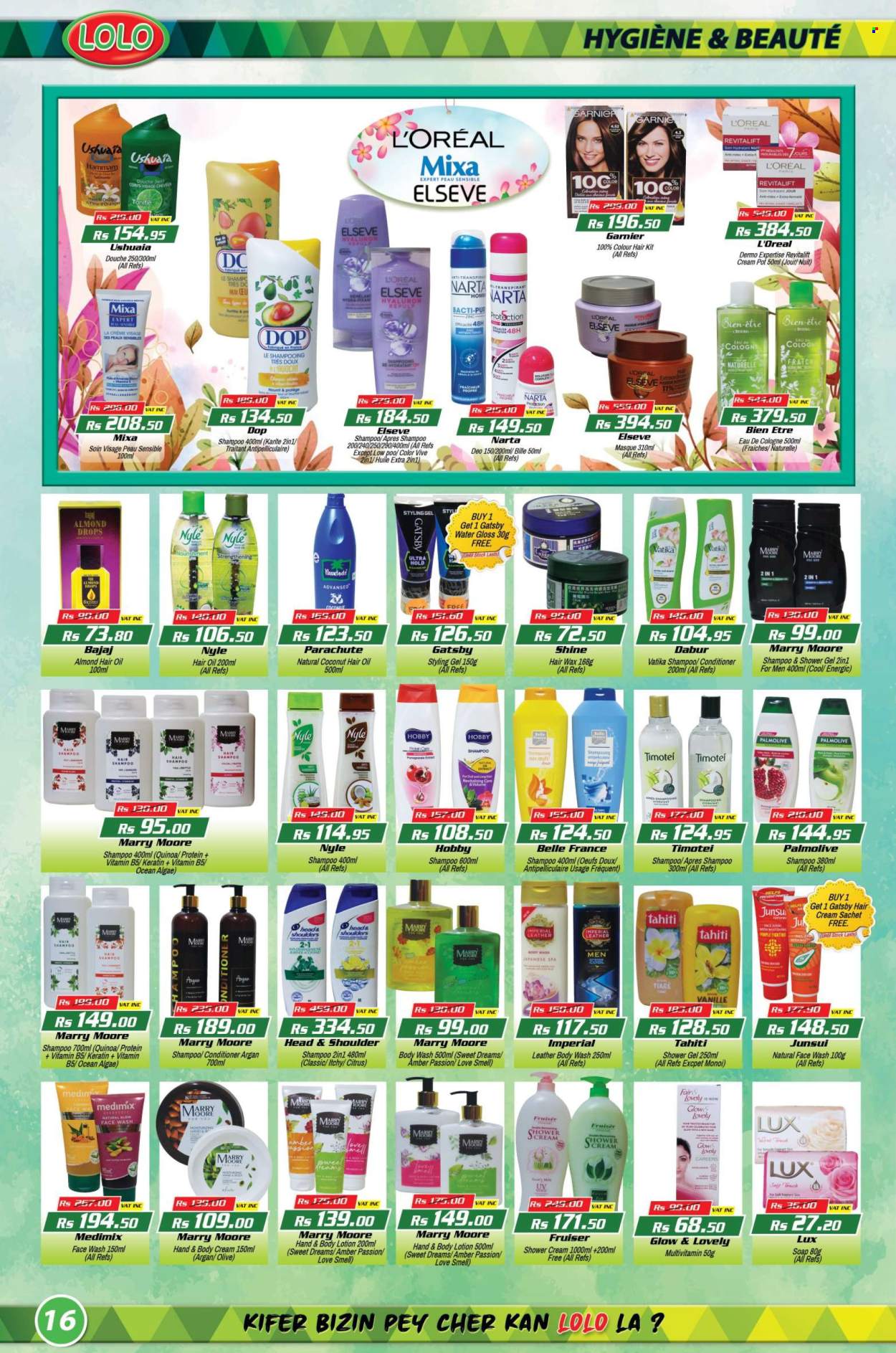 thumbnail - LOLO Hyper Catalogue - 27.04.2024 - 15.05.2024 - Sales products - olives, Dabur, quinoa, L'Or, Lux, body wash, shampoo, shower gel, hand soap, Palmolive, face gel, soap, L’Oréal, face wash, conditioner, Head & Shoulders, hair oil, styling gel, keratin, hair cream, body lotion, body cream, cologne, Sure, deodorant, pot, multivitamin, Garnier. Page 16.
