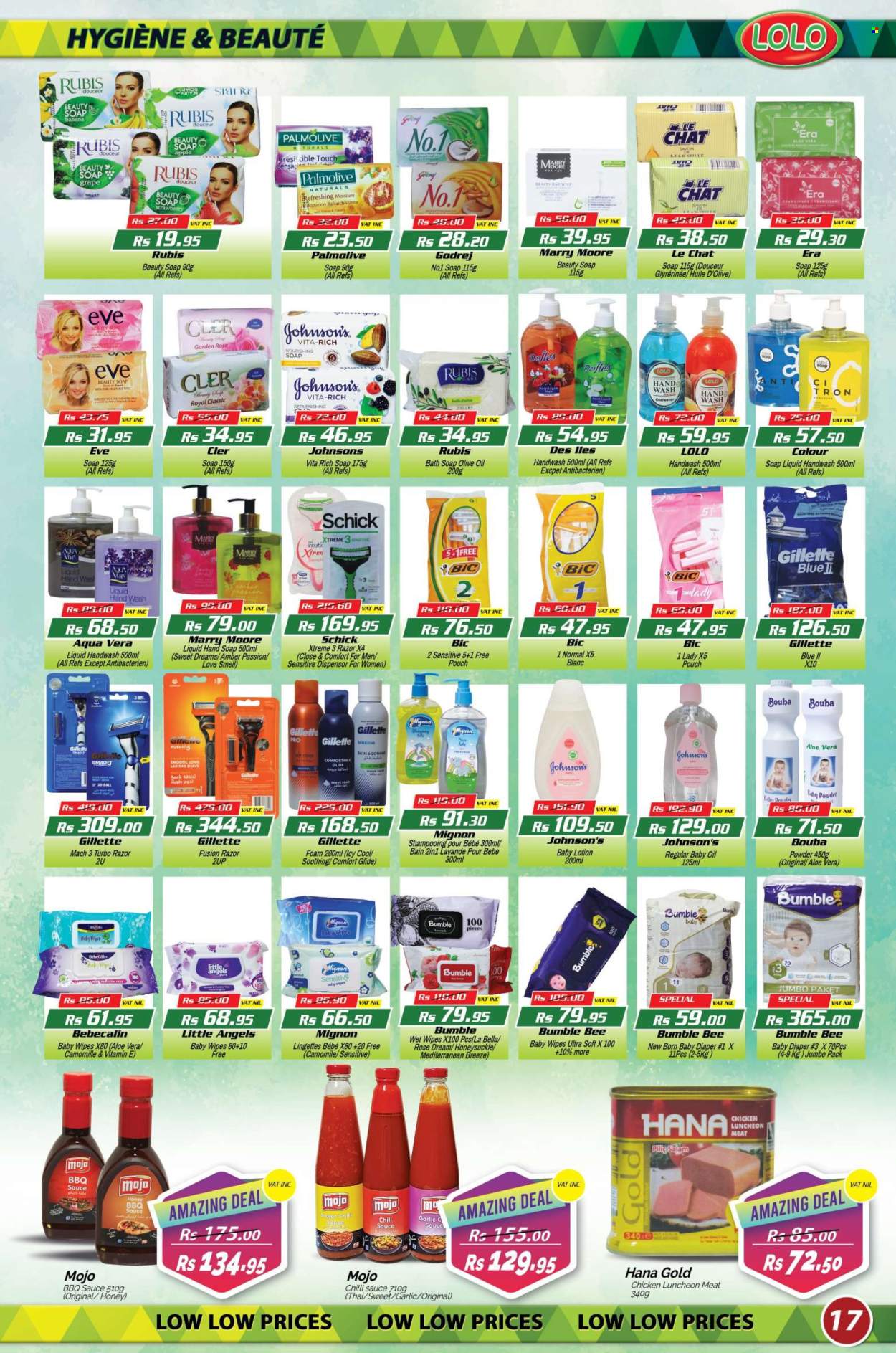 thumbnail - LOLO Hyper Catalogue - 27.04.2024 - 15.05.2024 - Sales products - Bella, garlic, Bumble Bee, lunch meat, BBQ sauce, chilli sauce, olive oil, chicken, wipes, baby wipes, Johnson's, baby powder, baby oil, baby lotion, hand soap, hand wash, Palmolive, soap bar, soap, Gillette, BIC, razor, Schick, rose, sauce. Page 17.