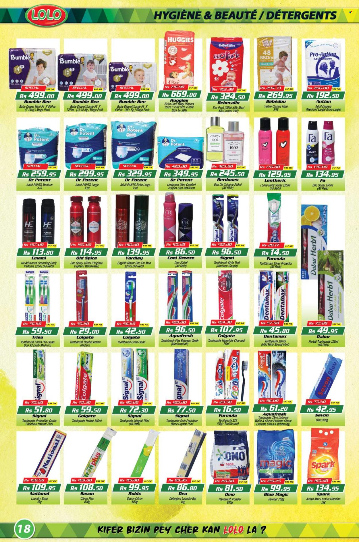 thumbnail - LOLO Hyper Catalogue - 27.04.2024 - 15.05.2024 - Sales products - lemons, Bumble Bee, Dabur, cloves, pants, nappies, detergent, Omo, laundry powder, laundry soap bar, handwash powder, hand wash, toothbrush, toothpaste, Signal, body spray, cologne, English Blazer, Yardley, Lenthéric, deodorant, Colgate, Huggies, Old Spice. Page 18.