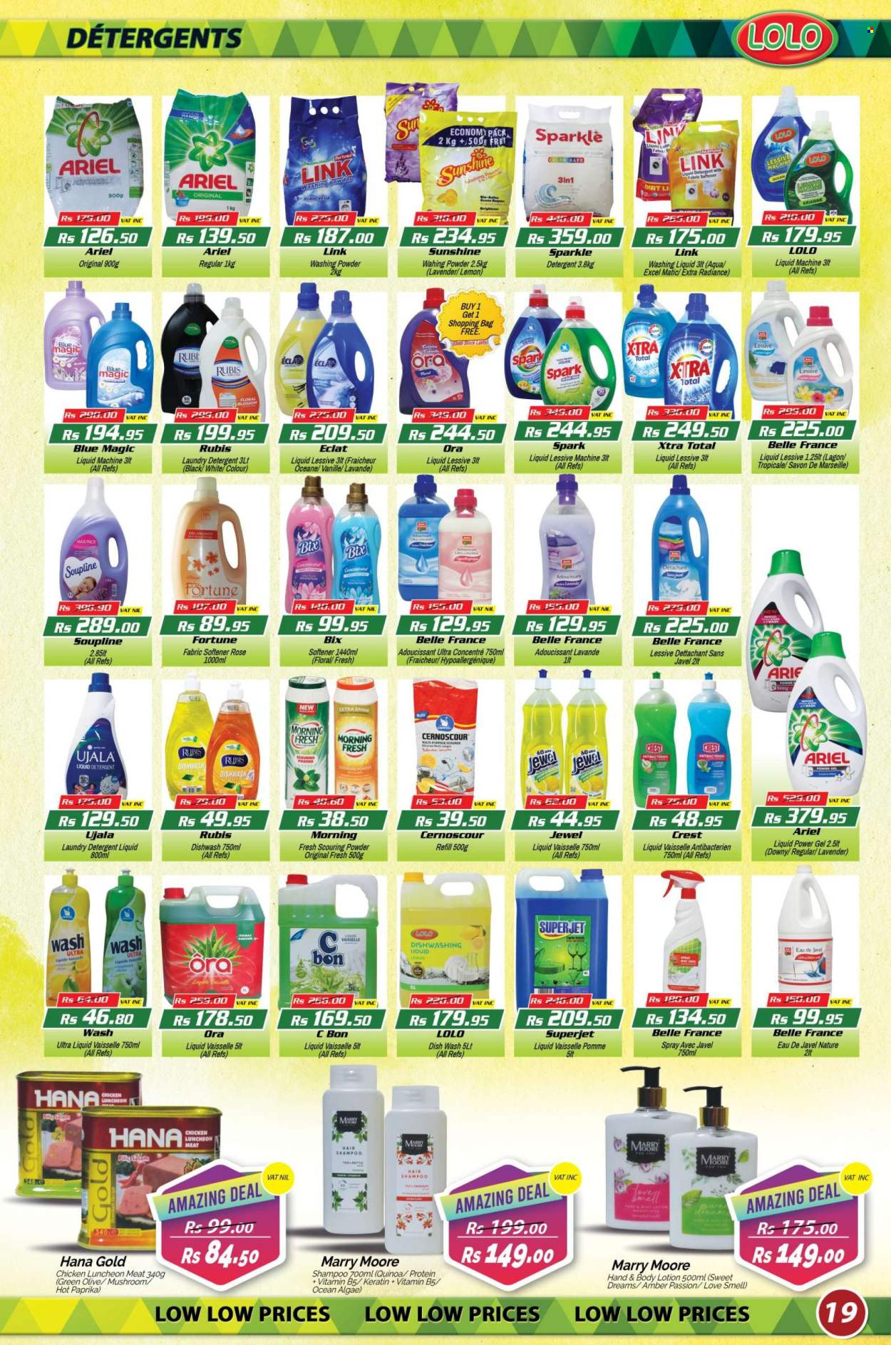 thumbnail - LOLO Hyper Catalogue - 27.04.2024 - 15.05.2024 - Sales products - lunch meat, Flora, Sunshine, olives, quinoa, chicken, detergent, fabric softener, Ariel, liquid detergent, laundry detergent, laundry powder, XTRA, dishwashing liquid, scourer, shampoo, Crest, keratin, body lotion, Eclat, Yard, shopping bag, rose, lavender. Page 19.