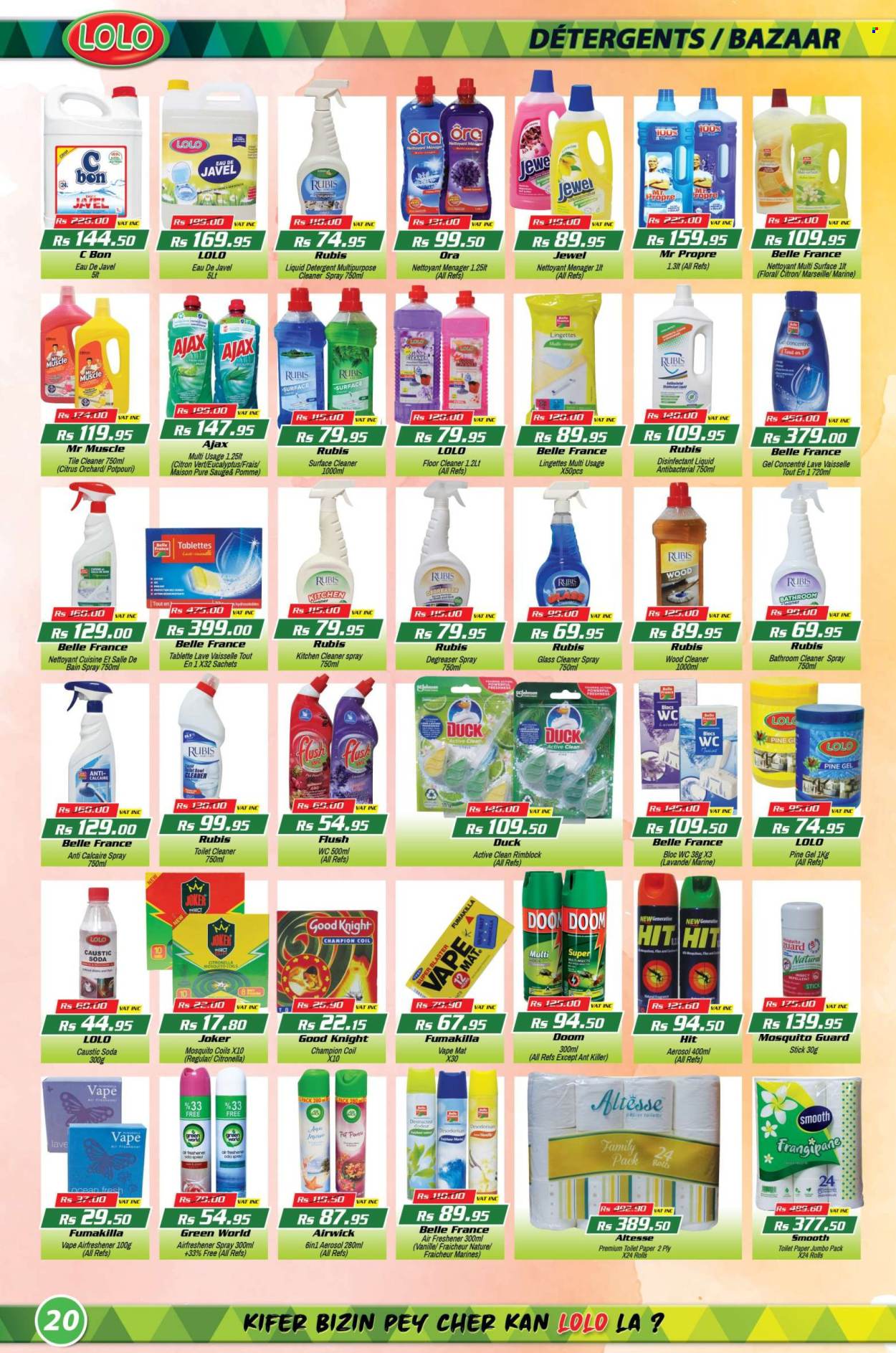thumbnail - LOLO Hyper Catalogue - 27.04.2024 - 15.05.2024 - Sales products - soda, poultry meat, Johnson's, toilet paper, detergent, desinfection, surface cleaner, cleaner, floor cleaner, toilet cleaner, glass cleaner, Mr. Muscle, Ajax, bathroom cleaner, kitchen cleaner, liquid detergent, insecticide, pot, air freshener, Air Wick, eucalyptus. Page 20.