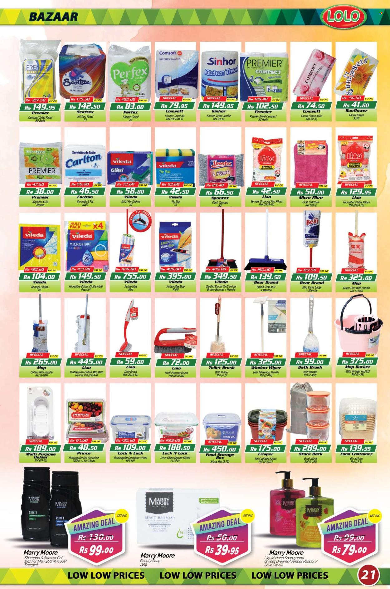 thumbnail - LOLO Hyper Catalogue - 27.04.2024 - 15.05.2024 - Sales products - Tip Top, napkins, toilet paper, tissues, kitchen towels, shampoo, shower gel, hand soap, soap bar, soap, tampons, cleanser, facial tissues, Vileda, serviettes, bucket, microfiber towel, broom, mop pad, mop bucket, cloths, sponge cloth, dish brush, container, storage box, meal box, sunflower, flowers. Page 21.