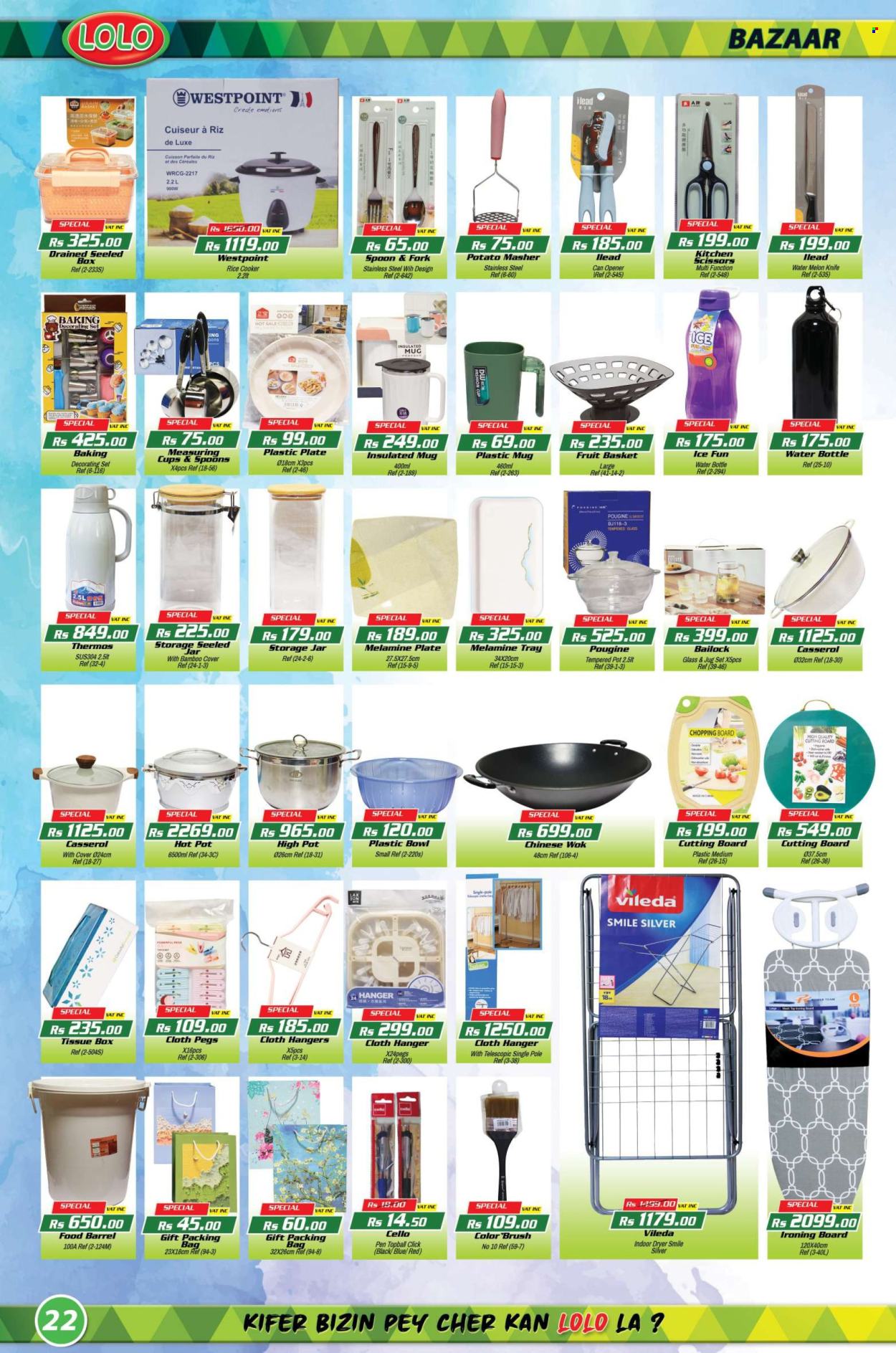 thumbnail - LOLO Hyper Catalogue - 27.04.2024 - 15.05.2024 - Sales products - watermelon, melons, bag, basket, knife, hanger, Vileda, ironing board, brush, storage jar, cutting board, fork, mug, spoon, plate, pot, chopping board, wok, rice cooker, bamboo cover, drink bottle, tin opener, bowl, jar, pen, scissors, Cello, plastic plate, houseplant. Page 22.