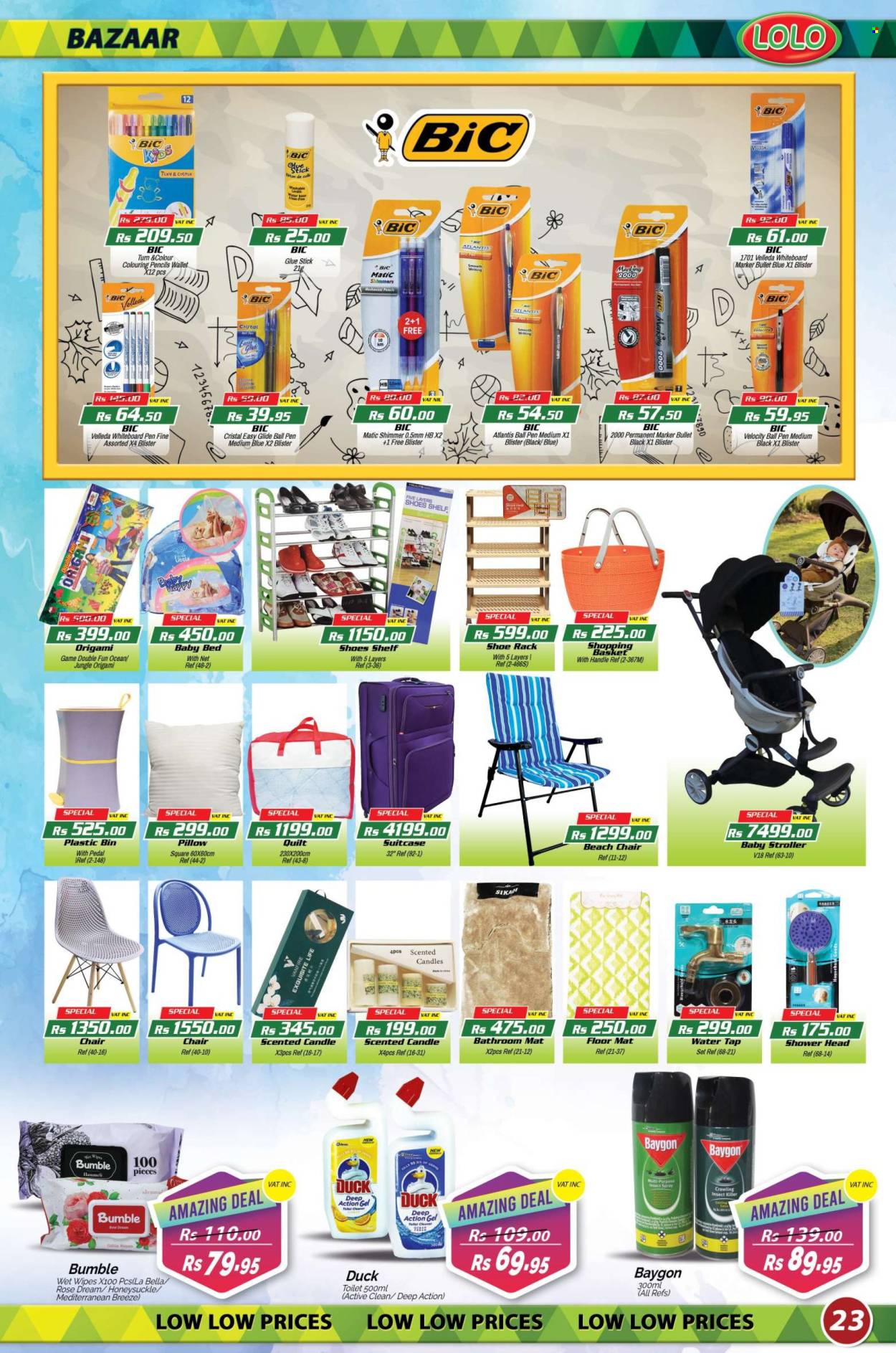 thumbnail - LOLO Hyper Catalogue - 27.04.2024 - 15.05.2024 - Sales products - Bella, wipes, cleaner, toilet cleaner, insect killer, basket, bin, glue, glue stick, pen, whiteboard, marker, ball pen, colored pencil, candle, scented candle, suitcase, wallet, baby stroller, rose. Page 23.