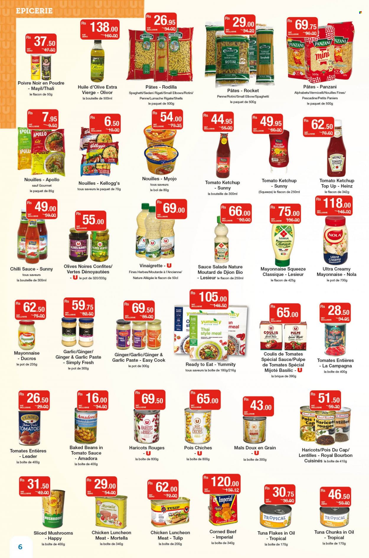 thumbnail - Super U Catalogue - 10.05.2022 - 22.05.2022 - Sales products - mushrooms, beans, rocket, tomatoes, tuna, seafood, spaghetti, pasta, sauce, lunch meat, corned beef, mayonnaise, Kellogg's, tomato sauce, baked beans, penne, vinaigrette dressing, chilli sauce, garlic paste, bourbon, beef meat, pot, Heinz, ketchup, olives. Page 6.