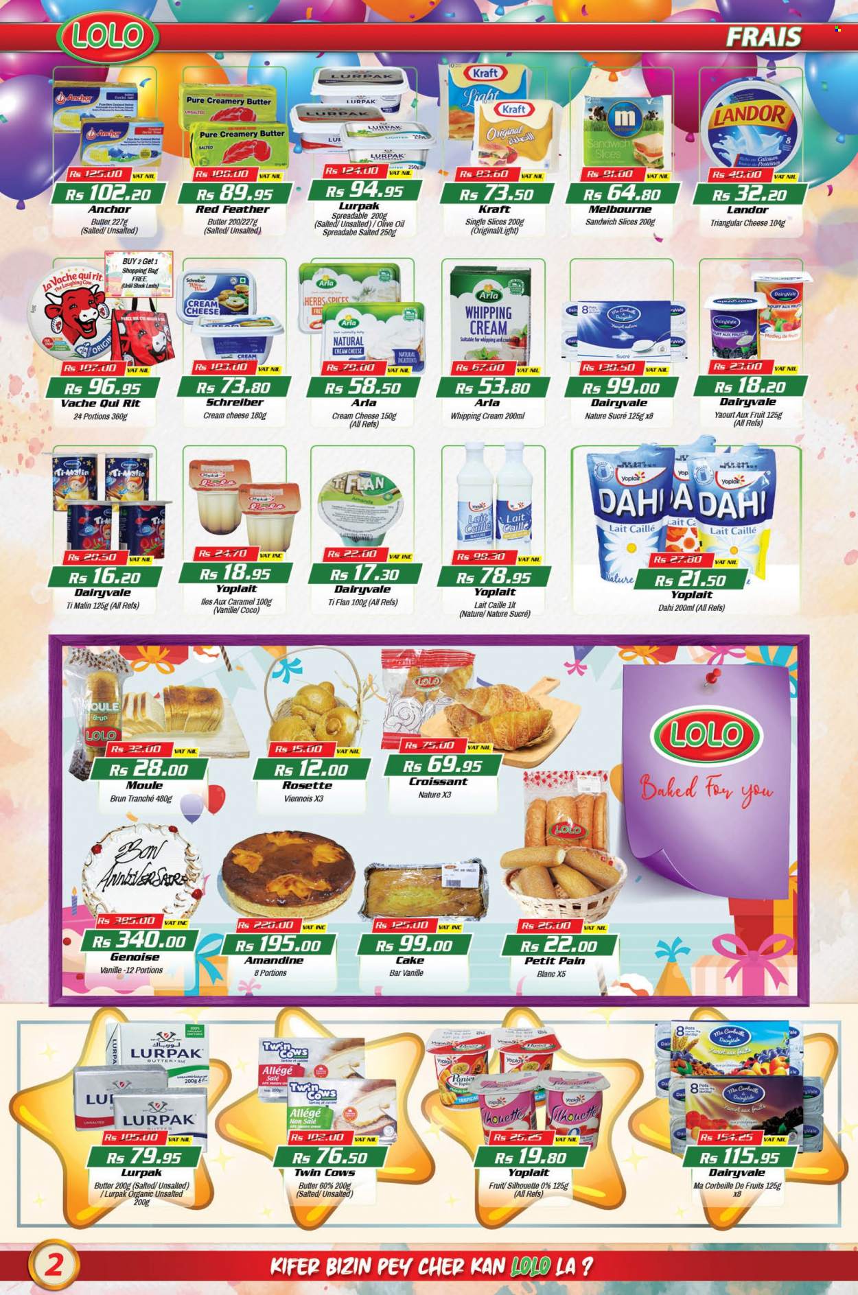 thumbnail - LOLO Hyper Catalogue - 26.07.2022 - 16.08.2022 - Sales products - cake, croissant, sandwich, Kraft®, cream cheese, sandwich slices, cheese, The Laughing Cow, Arla, Yoplait, butter, Anchor, whipping cream, caramel, olive oil, oil, shopping bag, pot, calcium. Page 2.