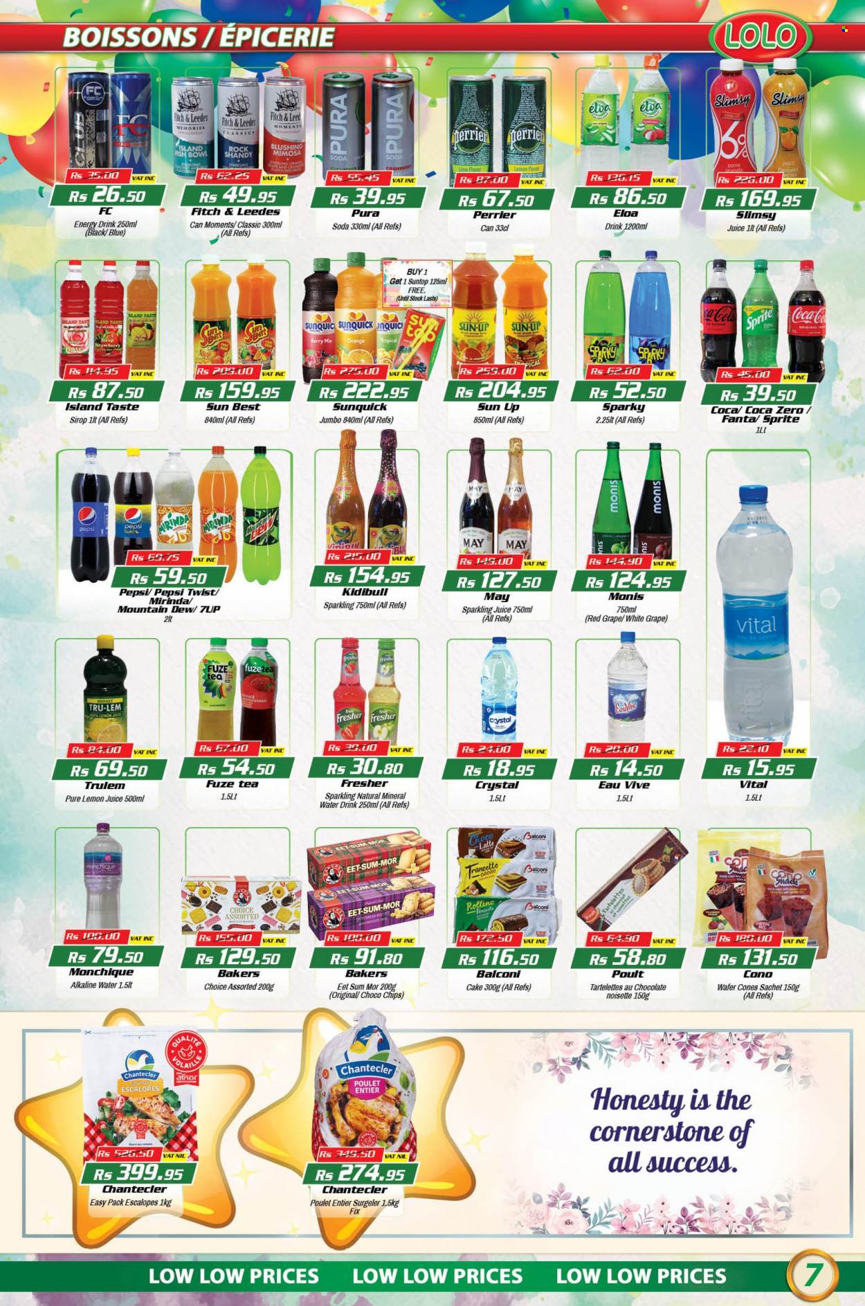 thumbnail - LOLO Hyper Catalogue - 26.07.2022 - 16.08.2022 - Sales products - cake, oranges, fish, wafers, chocolate, biscuit, Mountain Dew, Sprite, Pepsi, Fanta, energy drink, 7UP, sparkling juice, Perrier, mineral water, soda, alkaline water, lemon juice, tea, rosé wine, bowl, Moments, Bakers, rose. Page 7.