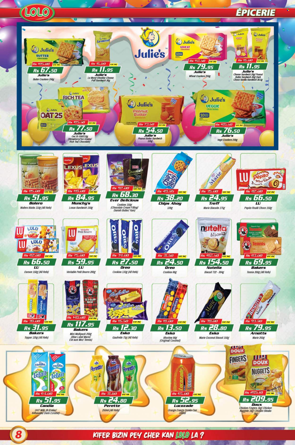 thumbnail - LOLO Hyper Catalogue - 26.07.2022 - 16.08.2022 - Sales products - oranges, nuggets, chicken nuggets, milk, cookies, wafers, crackers, biscuit, Julie's, chips, cheese puff, oats, caramel, peanut butter, energy drink, Lucozade, tea, cappuccino, Bakers, sandals, Nutella, Oreo, steak. Page 8.