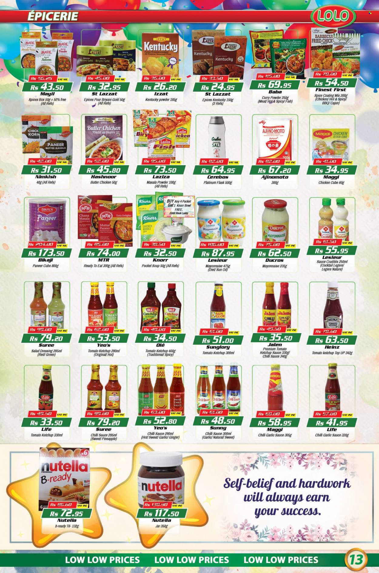 thumbnail - LOLO Hyper Catalogue - 26.07.2022 - 16.08.2022 - Sales products - ginger, pineapple, fish, soup, sauce, MTR, noodles, paneer, mayonnaise, flour, Maggi, sea salt, spice, curry powder, salad dressing, chilli sauce, dressing, garlic sauce, oil, Purity, bowl, jar, Heinz, ketchup, Nutella, Knorr. Page 13.