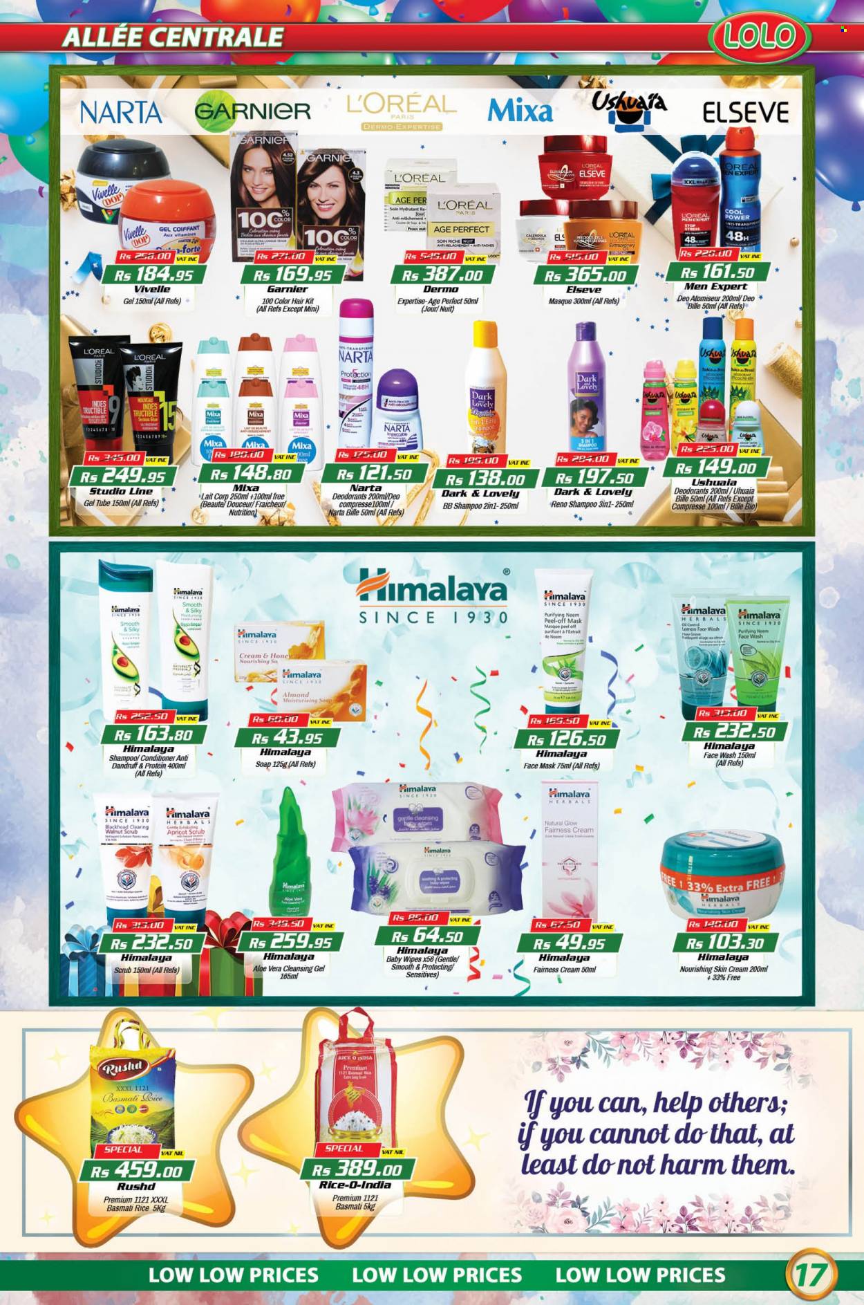 thumbnail - LOLO Hyper Catalogue - 26.07.2022 - 16.08.2022 - Sales products - basmati rice, rice, oil, honey, L'Or, wipes, baby wipes, face gel, soap, L’Oréal, peel-off mask, face mask, L’Oréal Men, face wash, conditioner, anti-perspirant, pot, glue, Garnier, shampoo, deodorant. Page 17.