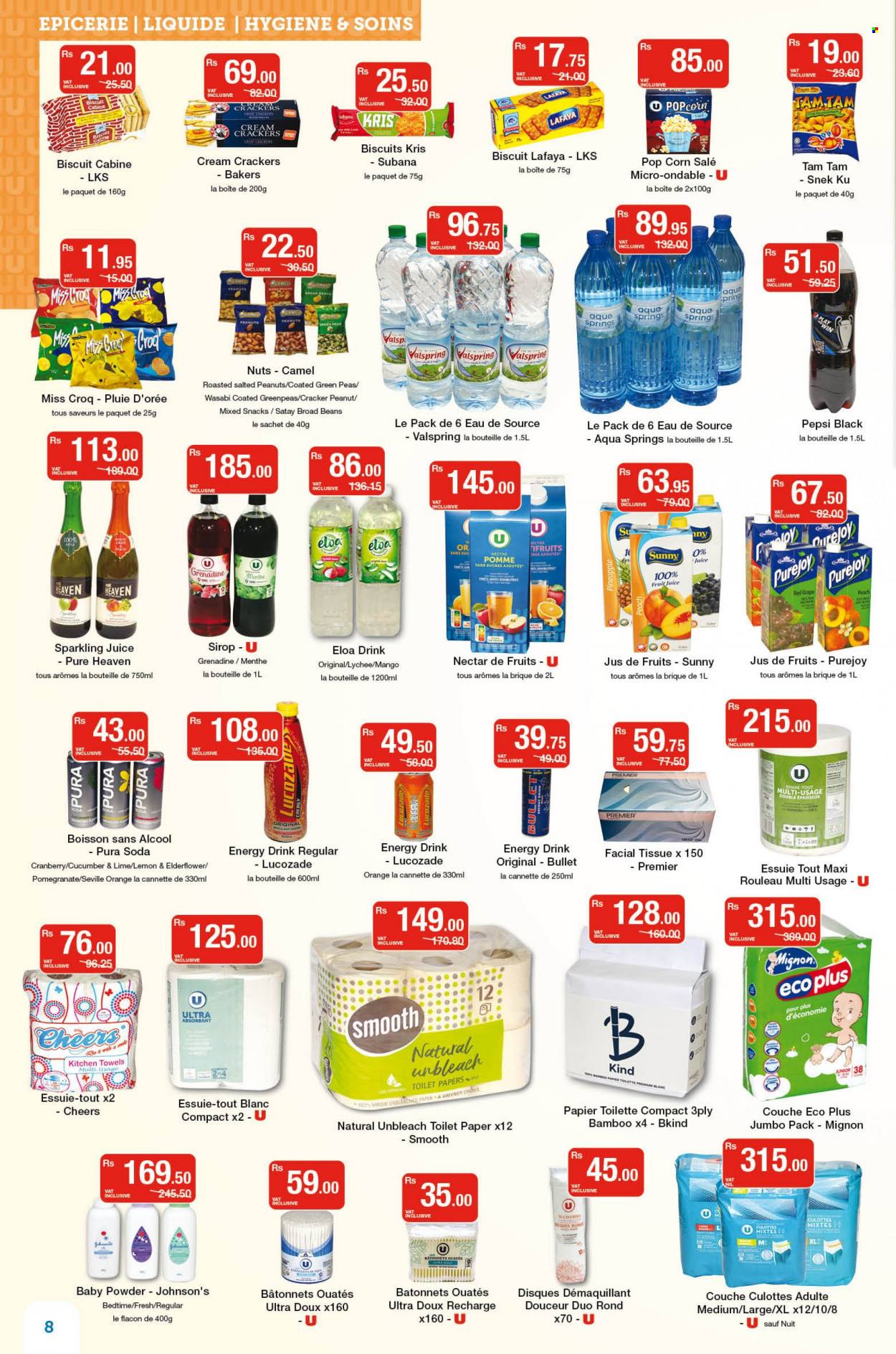 thumbnail - Super U Catalogue - 10.05.2022 - 22.05.2022 - Sales products - fava beans, peas, lychee, mango, pineapple, pomegranate, snack, crackers, biscuit, popcorn, oats, peanuts, Camel, Pepsi, juice, fruit juice, energy drink, Lucozade, sparkling juice, soda, grenadine, Ron Pelicano, Johnson's, baby powder, toilet paper, tissues, kitchen towels, Bakers, wasabi, oranges. Page 8.