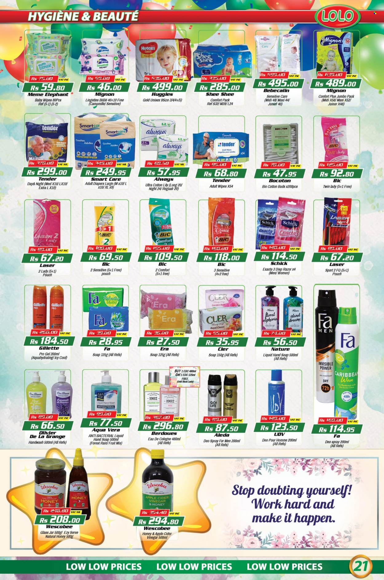 thumbnail - LOLO Hyper Catalogue - 26.07.2022 - 16.08.2022 - Sales products - fruit mix, apple cider vinegar, honey, wine, rosé wine, wipes, baby wipes, nappies, WAVE, hand soap, hand wash, soap, Gillette, anti-perspirant, cologne, BIC, razor, Schick, jar, rose, Go!, Huggies, deodorant. Page 21.