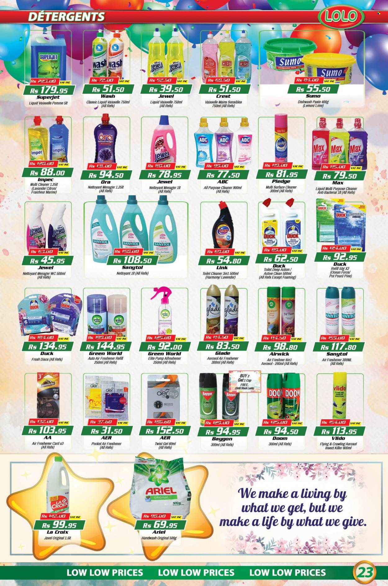 thumbnail - LOLO Hyper Catalogue - 26.07.2022 - 16.08.2022 - Sales products - surface cleaner, cleaner, all purpose cleaner, toilet cleaner, Pledge, Ariel, dishwashing liquid, hand wash, Crest, insecticide, insect killer, pot, pan, air freshener, Air Wick, Glade, Lee, cap, pump, Sanytol. Page 23.