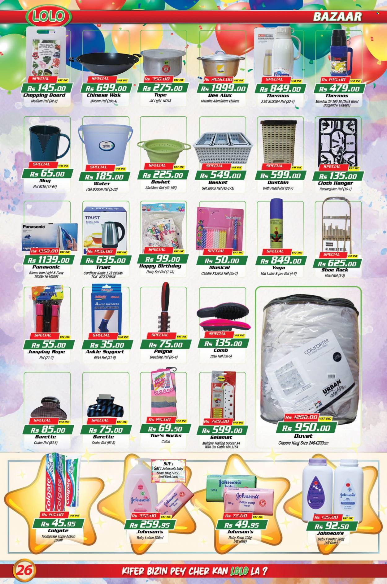 thumbnail - LOLO Hyper Catalogue - 26.07.2022 - 16.08.2022 - Sales products - Dole, oranges, Johnson's, baby powder, soap, toothpaste, comb, body lotion, Trust, basket, hanger, cutting board, mug, chopping board, wok, candle, socks, Colgate, Panasonic. Page 26.