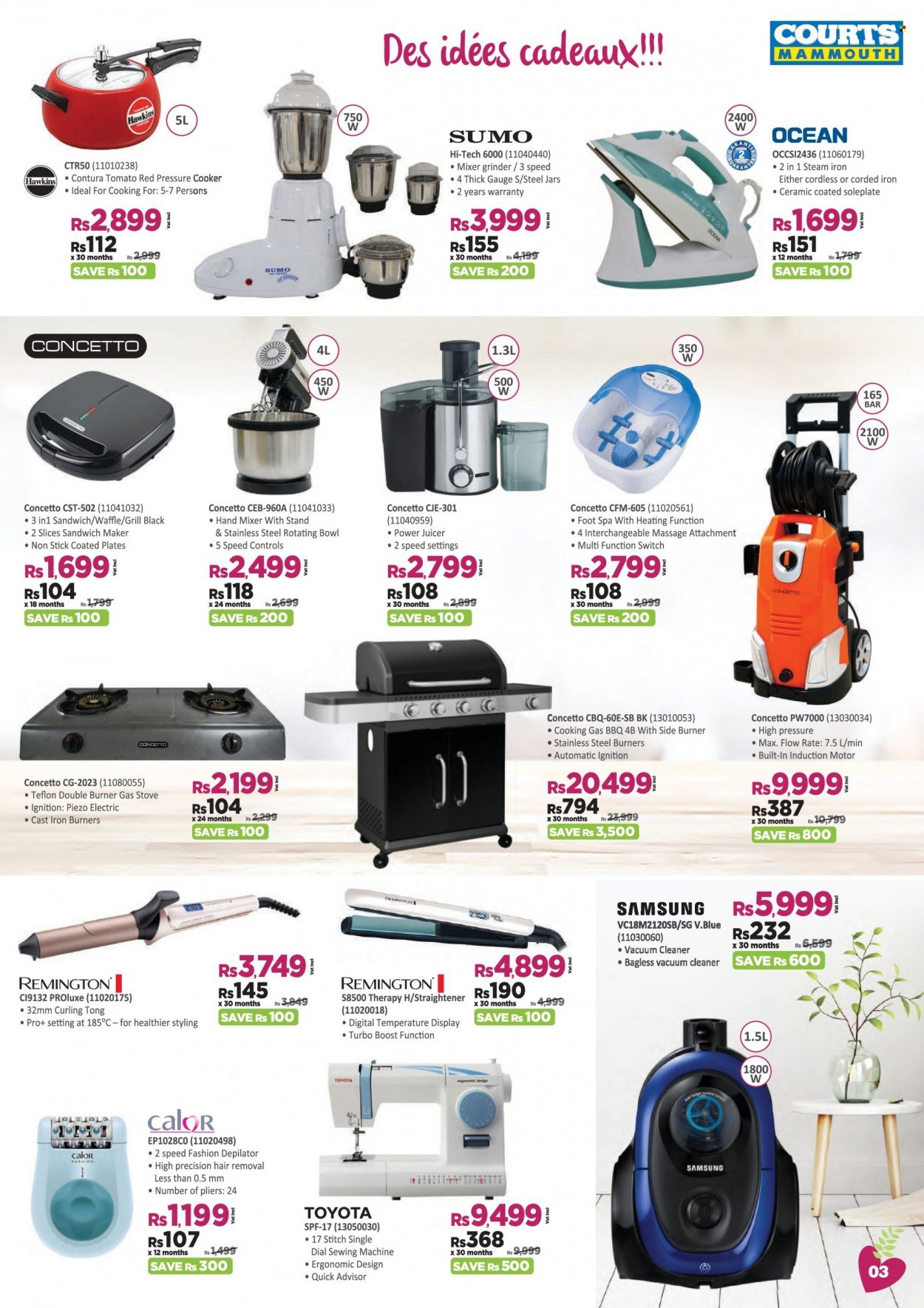 Courts Mammouth Catalogue - 1.05.2022 - 19.05.2022 - Sales products - plate, pressure cooker, Samsung, gas stove, vacuum cleaner, mixer, hand mixer, sandwich maker, juicer, steam iron, sewing machine, grinder, depilator, Remington. Page 3.